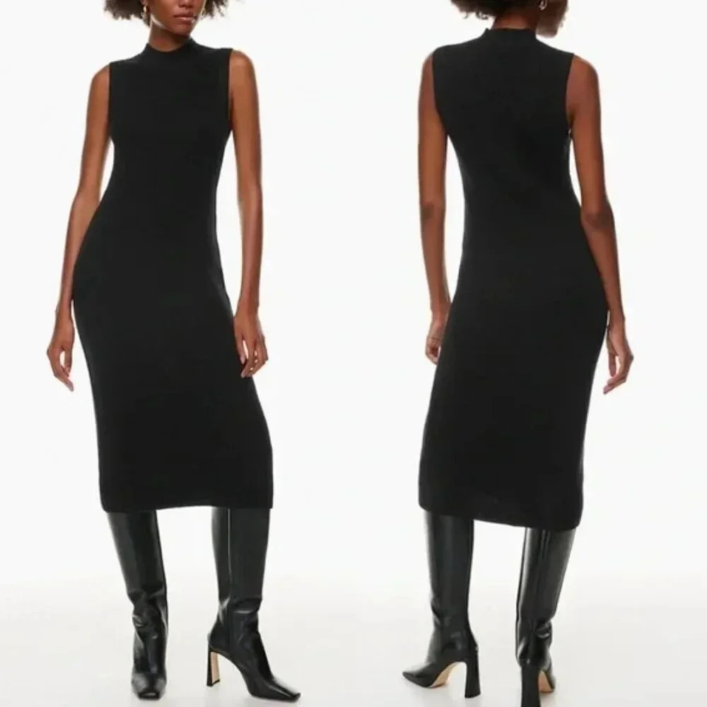 Aritzia Babaton Aesthetica Ribbed Merino Wool Midi Dress Black Size Small